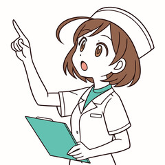 Anime Nurse Pointing Upwards with a Clipboard in Hand with Curious Expression and Uniform