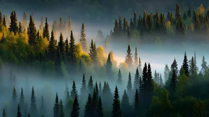 Wandcirkels Mistig bos A serene forest landscape bathed in golden morning light, with misty layers enveloping the towering evergreens.  © Jojo*