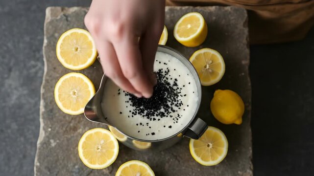 Ayran, Adding Black Salt to Creamy Lemon Sauce on Stone Surface, Top-Down Lemon Preparation with Unique Black Salt Ingredient Focus