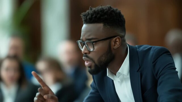 A man passionately speaks during a corporate discussion.