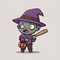 Obraz premium Cute Zombie Witch Kid with Pumpkin and Bat for Halloween