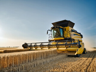 Fototapeta premium Modern combine harvester cutting ripe golden wheat in farmland