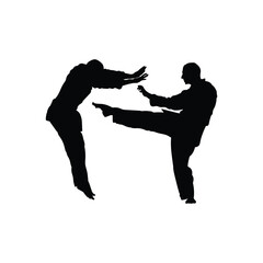Taekwondo athletes silhouette fighting, kicking, and knocked back