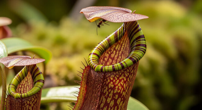 Close-up of a Pitcher Plant with Ant on Lid