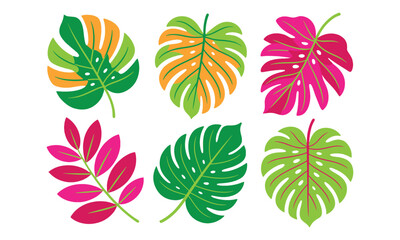 Abstract Tropical Leaf Vector Set, Colorful Jungle Leaves Clipart for Design.