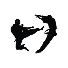 Taekwondo athletes fighting fly kicking vector silhouette