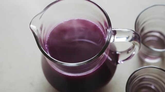Pitcher of purple juice next to two empty glasses, a refreshing beverage, A glass pitcher with refreshing purple juice alongside two empty glasses, Chicha Morada