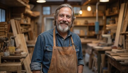 Bearded craftsman smiles proudly in rustic workshop amidst woodwork. Aproned artisan stands in cosy carpentry shop filled with tools, glowing ambient lights, representing dedication, skill,