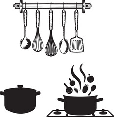 Collection of kitchen utensil silhouettes with hanging tools and boiling pot on stove showing traditional cooking preparation and household meal making in black icons