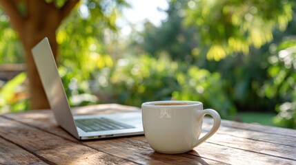 Work from Nature's Embrace: A tranquil scene unfolds on a rustic wooden table. A laptop sits open, ready to inspire, beside a warm cup of coffee. The backdrop, an inviting blur of green.
