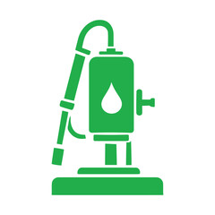 Illustration of a green pesticide sprayer with a hose and a tank with a water droplet icon