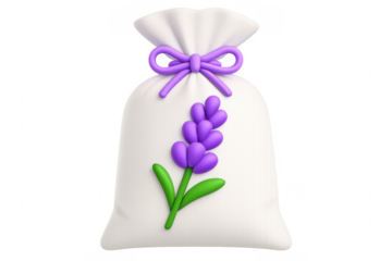 White bag with purple lavender flower and green leaves tied with purple ribbon on transparent background