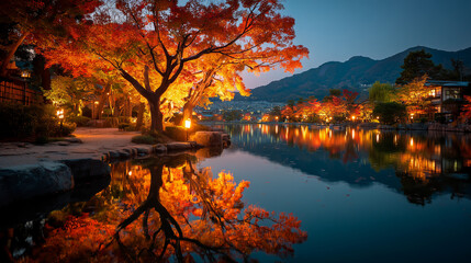 紅葉のライトアップと池の水面に映る紅葉 映える庭園