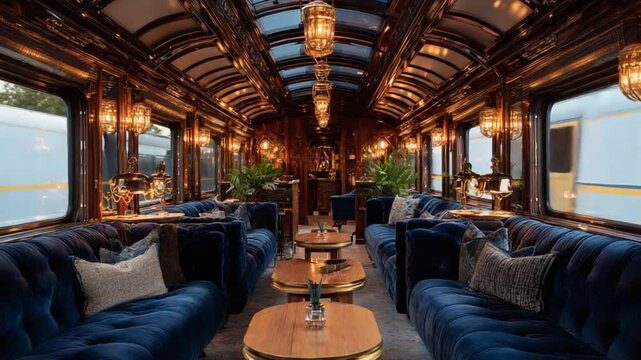 Luxury train interior dining car moving through landscape