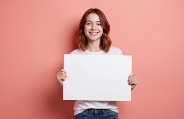 Fototapeta premium Happy young woman holding blank white sign. Smiling female with space for text, message on pink background, wears casual t-shirt. Perfect for advertisement, promotion, copy space.