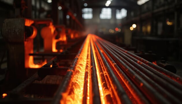 Hot steel rebars glow intensely on industrial production line. Parallel metal rods move through manufacturing process, showing sheen, texture under warm illumination. Dynamic scene captures forging,