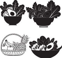 Fresh vegetables fruits and food icons healthy organic farm produce salad ingredients kitchen nutrition natural diet vegetarian collection isolated vector set design