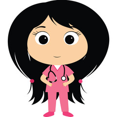 Cartoon Doctor or Nurse Illustration An Inspiring Depiction of Healthcare Professionalism with Black Hair and Pink Stethoscope Accents