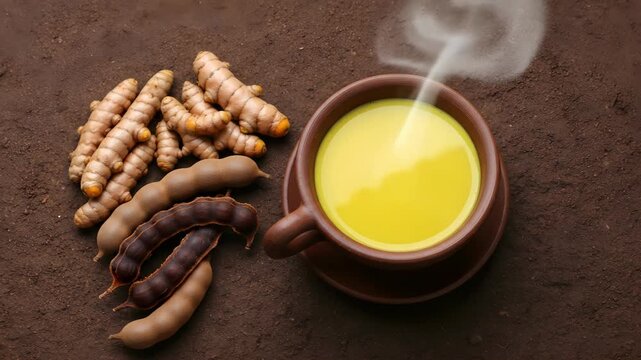 Warm Turmeric Milk with Tamarind Root, Healthy Beverage for Wellness and Immunity Boost, Aromatic Golden Milk with Exotic Spices and Roots on Natural Background