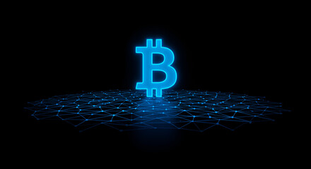 Glowing blue Bitcoin symbol on a dark background with a network grid.