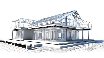 Realistic render showing a 3D open-structure home, created from architectural gridlines and steel bars, laid out on a clean white blueprint background.