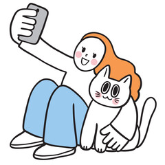 Illustration of Woman Taking Selfie With Cat