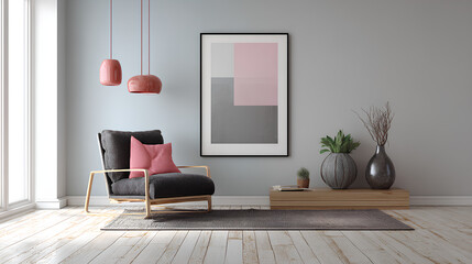Frame mockup, ISO A paper size. Living room wall poster mockup. Interior mockup with house background. Modern interior design. 3D render