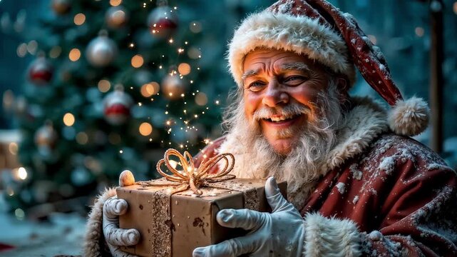 A cheerful and cunning Santa smiles charmingly and winks cheerfully, looking at the camera. Christmas Eve, magic and witchcraft