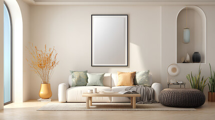 Frame mockup, ISO A paper size. Living room wall poster mockup. Interior mockup with house background. Modern interior design. 3D render
