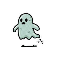 Cartoon ghost with a surprised expression floating above puddle  