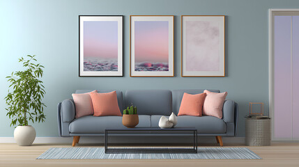 Frame mockup, ISO A paper size. Living room wall poster mockup. Interior mockup with house background. Modern interior design. 3D render