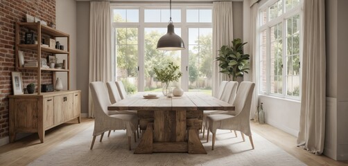 Modern farmhouse dining room with reclaimed wood table, linen chairs, light fixture. Rustic interior design. Comfortable wooden furniture in cozy home. Luxury apartment with sunlight from window,