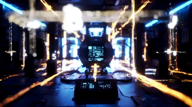 Abstract Cybernetic Core Activation with Glowing Data Streams and Digital HUD