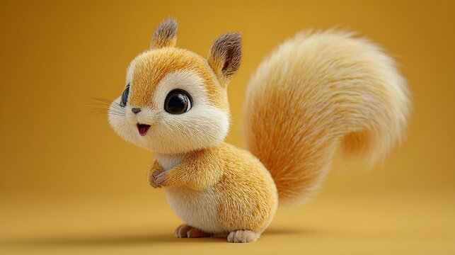 Cartoon-style 3D rendering of cute squirrel standing on ground with yellow background, ideal for children's books, animation design, or pet-themed content