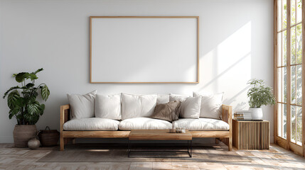 Frame mockup, ISO A paper size. Living room wall poster mockup. Interior mockup with house background. Modern interior design. 3D render
