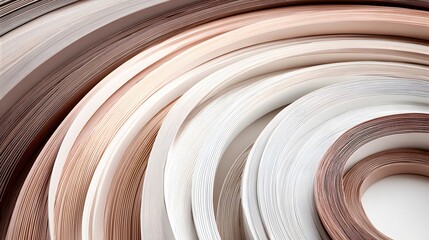 A collection of rolled-up decorative trims in various warm, neutral colors creates an abstract, concentric pattern.