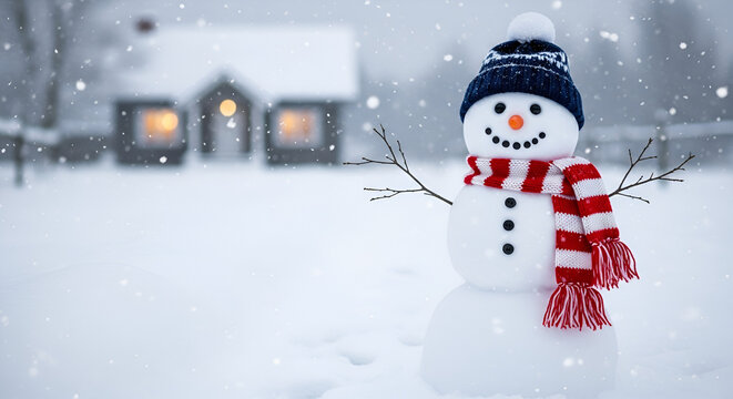 Cheerful Snowman in Snowy Yard by Cozy Cabin