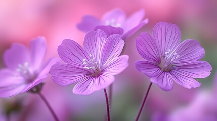 Fototapeta premium Close-up of delicate purple wildflowers, soft focus with blurred background for ethereal dreamy atmosphere, pastel pink & green tones, natural light, 8K high-res ultra-realistic