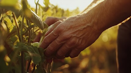 Close-up of hands a man picking vegetable, countryside, sunny day, macro lens style