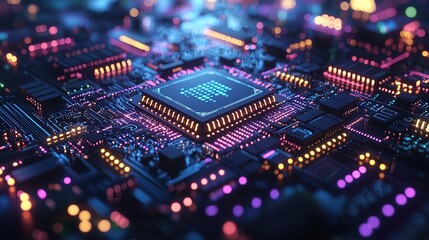 Obraz premium Glowing Microchip on Circuit Board: High-Tech Electronics Design