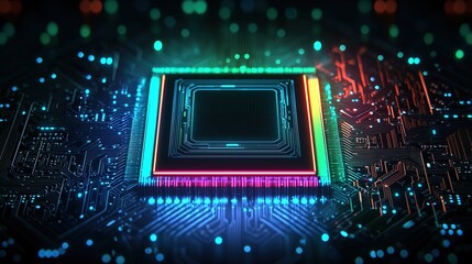 Neon-Edged Microchip: Advanced Semiconductor Technology Close-Up