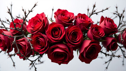 Dramatic red roses with thorny branches on a white backdrop