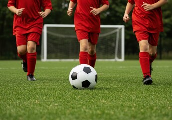 Young soccer players in red uniforms running towards the ball on a green field
