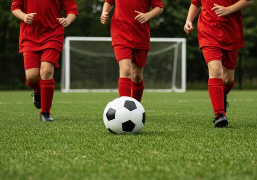 Young soccer players in red uniforms running towards the ball on a green field