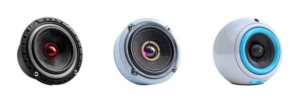 Innovative speaker designs modern product minimalist, isolated on transparent background, png set