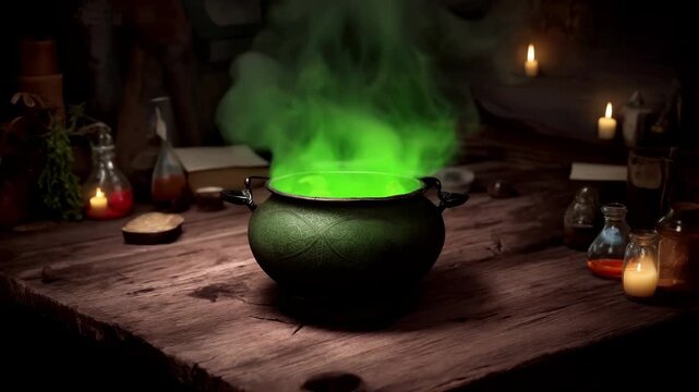 Green glowing cauldron emitting bright emerald smoke on wooden table surrounded by candles, glass bottles, and old book. Atmosphericalchemy workshop with dim lighting and magical ambiance