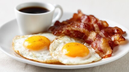 Delicious Breakfast Arrangement: A mouthwatering breakfast platter, featuring two sunny-side-up eggs, crispy bacon strips, and a steaming cup of coffee, ready to be enjoyed