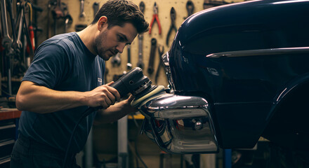 man polishing classic car in workshop, showcasing craftsmanship and dedication
