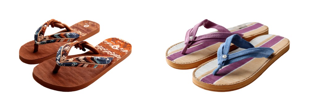 Summer flip flops display beach product bright lighting, isolated on transparent background, png set