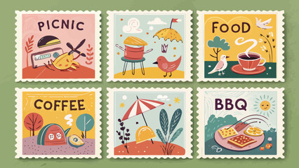 Naklejka premium A set of twelve colorful flat illustrated postage stamps or stickers with various designs perfect for scrapbooking journaling